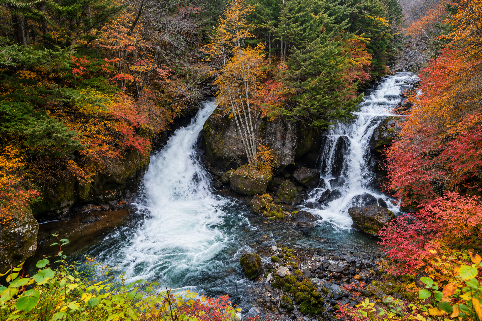 Ryuzu Falls cascading over rocks in Nikko