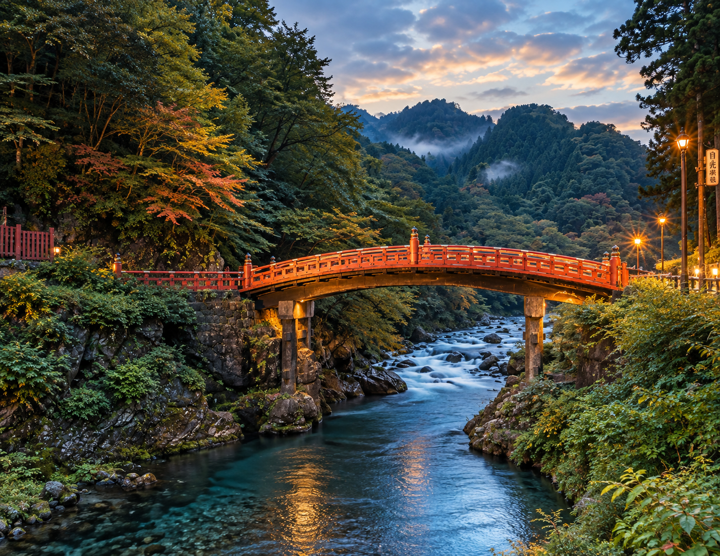Shinkyo Bridge historic red wooden bridge over Daiya River in Nikko